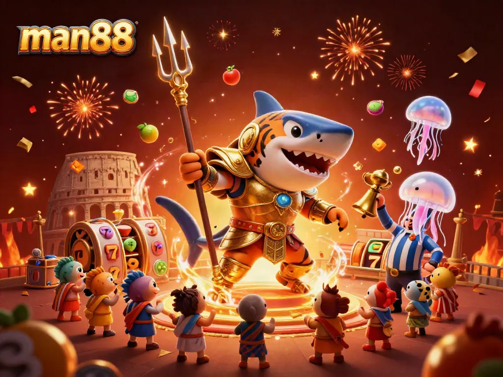 Engage in exciting gameplay at man88 with a dynamic casino scene featuring a golden gladiatorial shark.