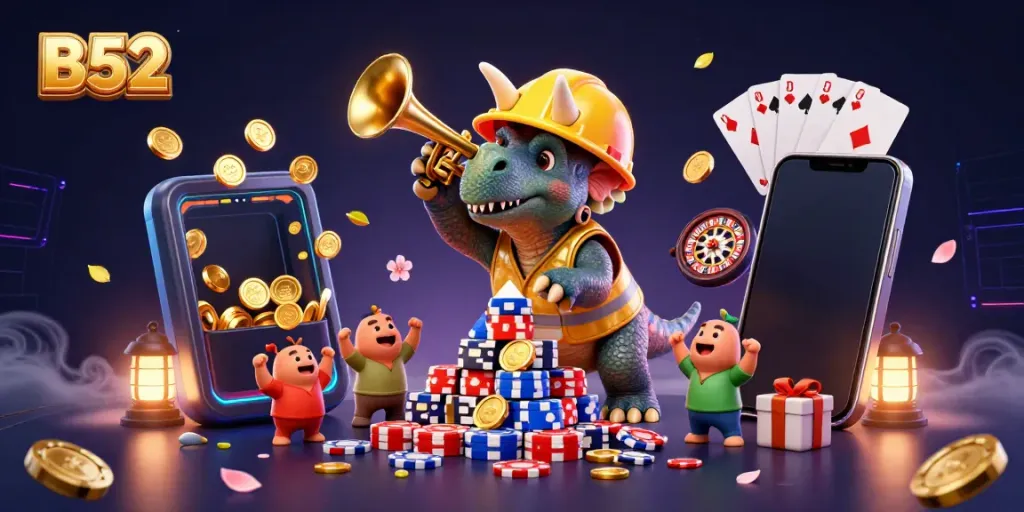 Celebrate wins at B52 with a vibrant 3D illustration of a triceratops building poker chip pyramids, surrounded by gaming elements.