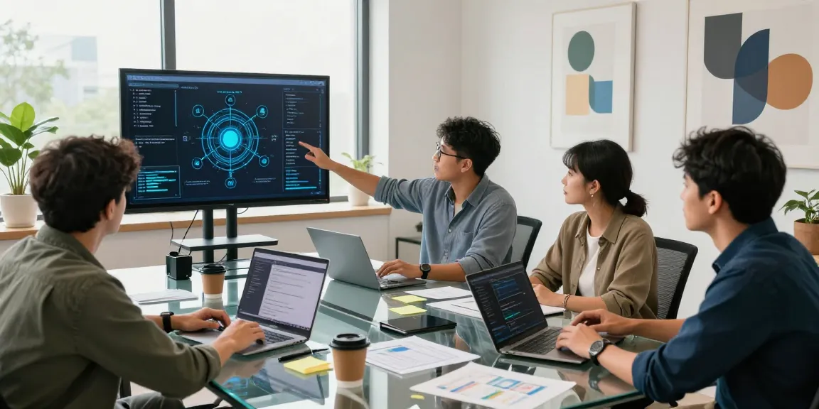 Dynamic blockchain 2026 workspace with professionals collaborating on innovative projects, showcasing real-time data analysis.