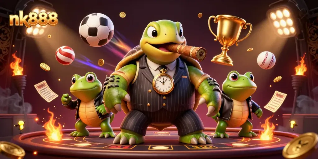 Engage with the exciting nk888 casino world featuring a cartoon turtle mobster and dynamic sports elements.