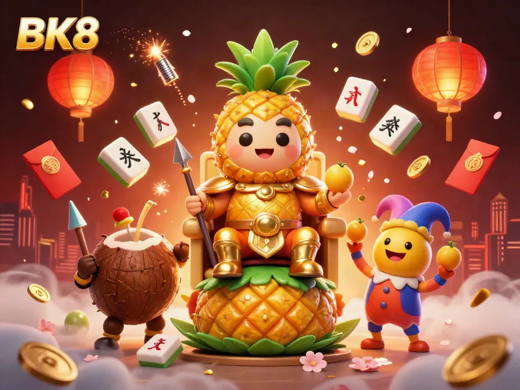 Experience the thrill of BK8 with vibrant casino elements featuring a golden pineapple king and dynamic action.