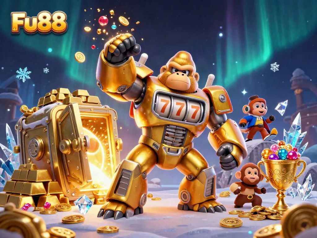 Experience the thrill of Fu88 with golden gorilla mech amidst treasure and gems in this vibrant illustration.