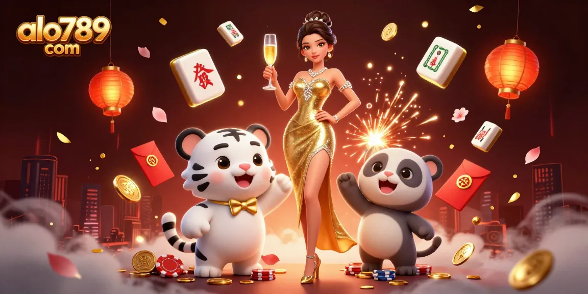 Engage with excitement at alo789 com as the glamorous lady celebrates amidst floating mahjong tiles and festive lanterns.