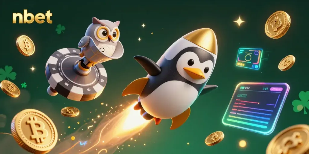 Engaging action scene with nbet logo featuring a golden penguin racing towards a poker chip space station, showcasing vibrant crypto elements.