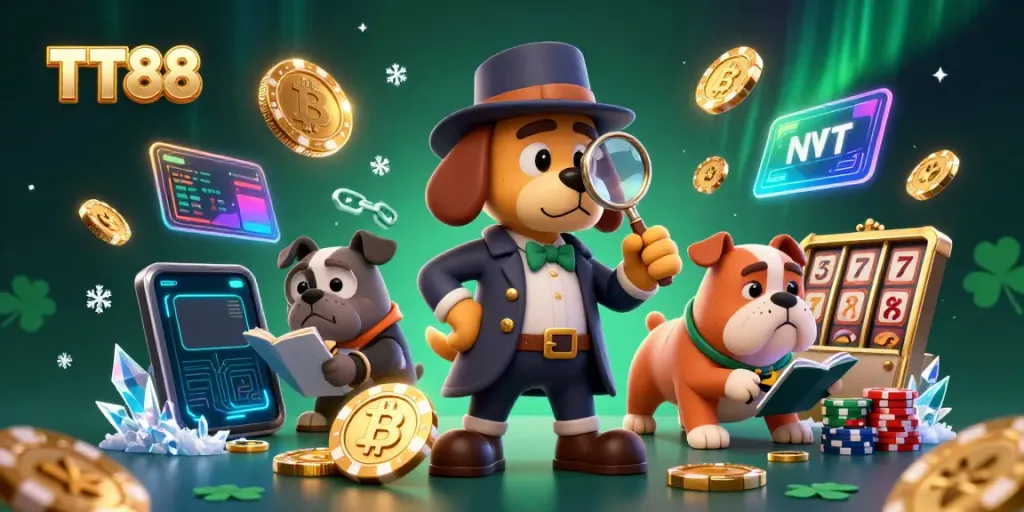 Detective and bulldog exploring poker clues at TT88 casino with vibrant gambling elements.