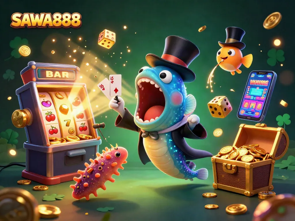 SAWA888 showcases a magical casino scene with a charming gulper eel and anglerfish performing tricks amidst exciting gaming elements.
