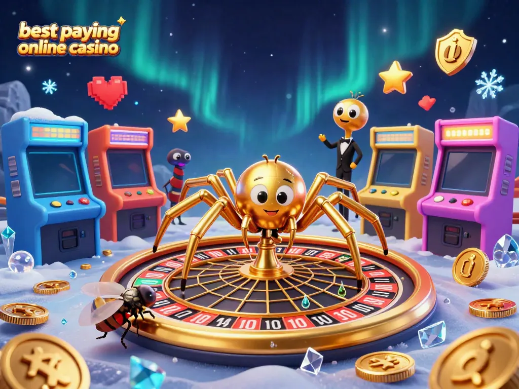 Experience the excitement of the best paying online casino with a 3D spider and colorful gaming elements.