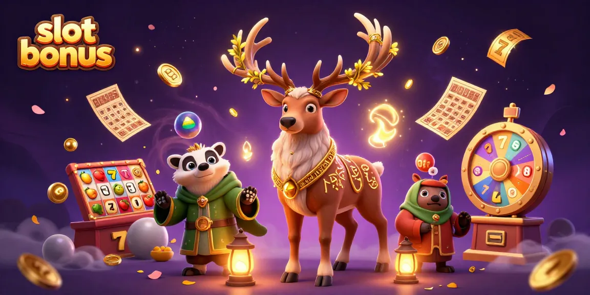 Experience the excitement of a slot bonus with a druid stag, badger, and colorful casino elements.