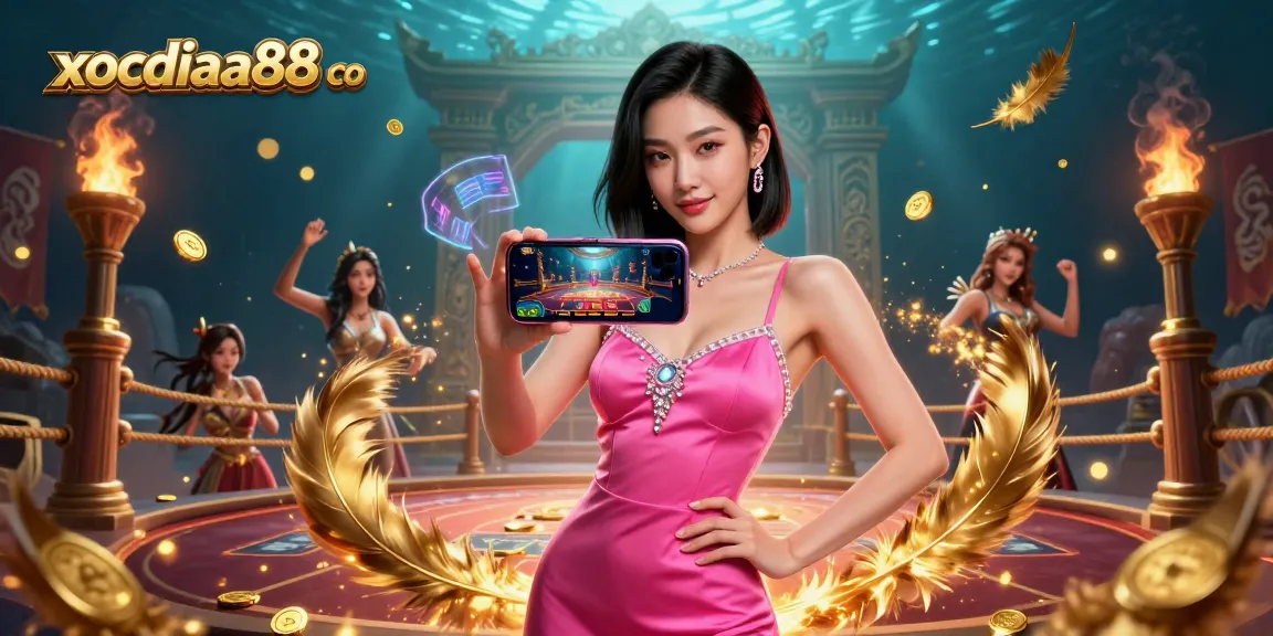 Play live dealer games with excitement at xocdiaa88 co, featuring a stunning Asian woman in a cocktail dress.