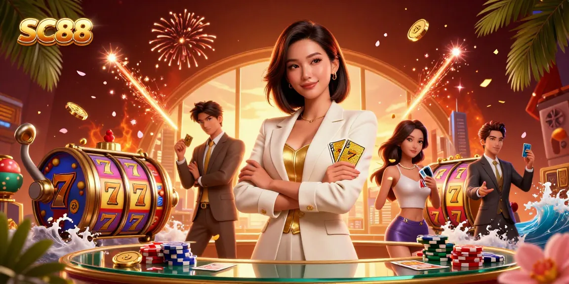 Experience the thrill of SC88 as the powerful businesswoman reveals a royal flush amidst glamorous casino elements.