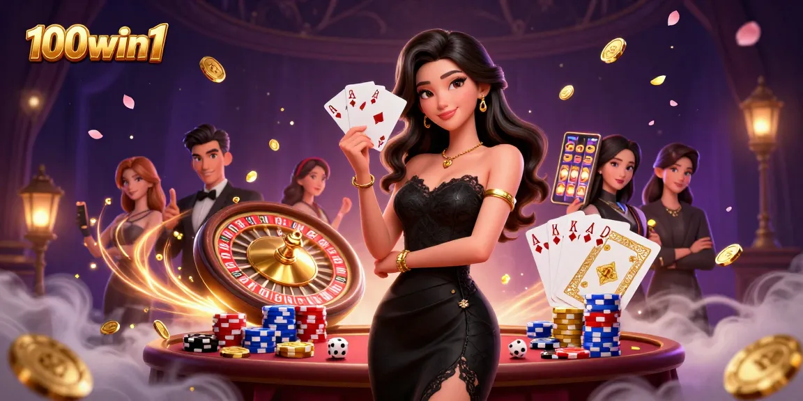 Experience exciting gameplay at 100win1 with an elegant woman showcasing winning ace cards in a luxurious casino.