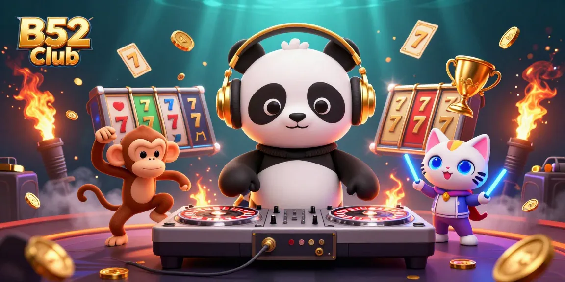 Join the fun at B52 Club with a vibrant scene of a DJ panda spinning at a lively casino party.