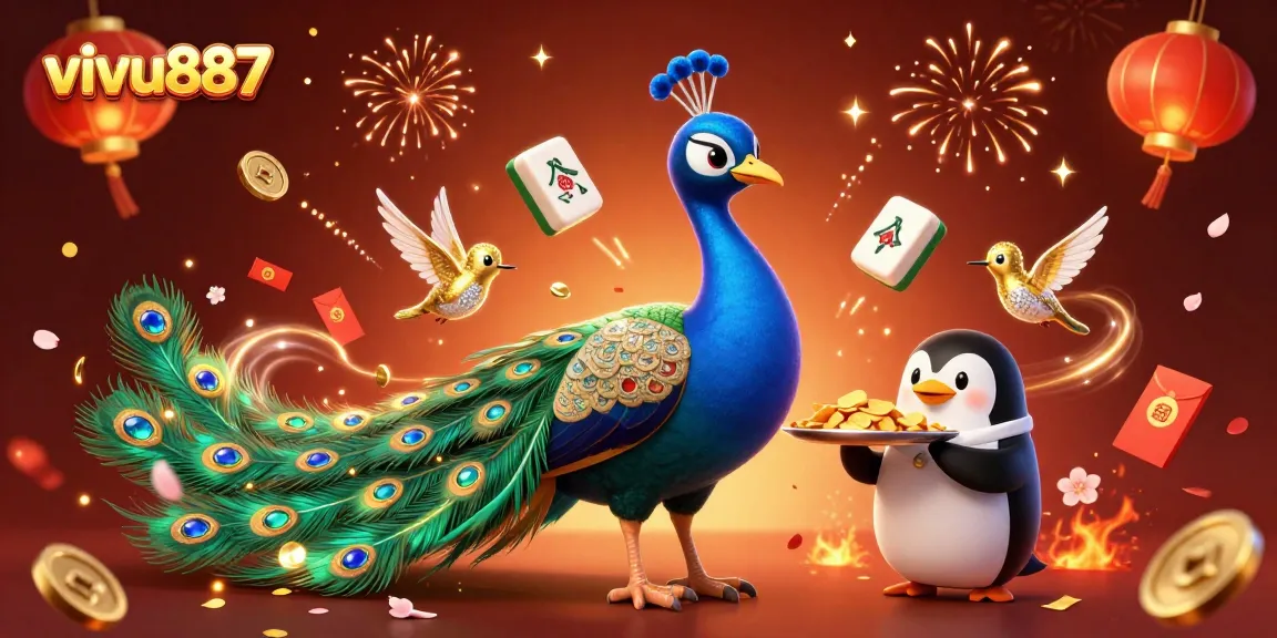 Experience thrilling casino games with vivu887, showcasing a vibrant scene of animated characters, festive elements, and exciting game symbols.