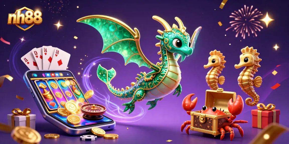 nh88 players enjoying a vibrant 3D casino scene with a glowing emerald dragon, mobile slots, and festive confetti