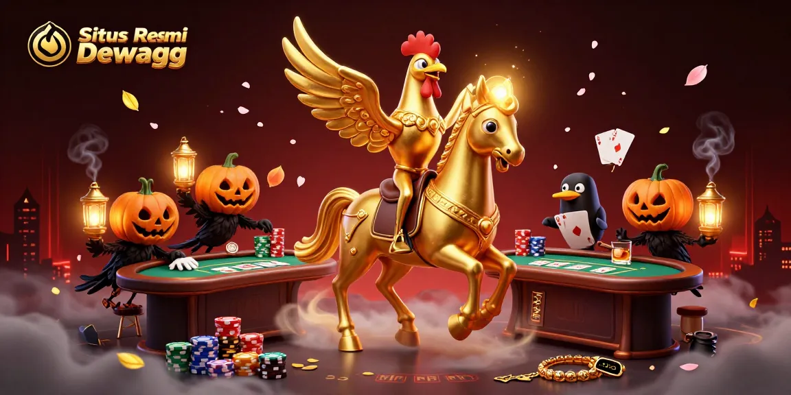 Situs Bola Resmi Dewagg showcases thrilling poker action with a golden rooster character in a mystical casino setting.