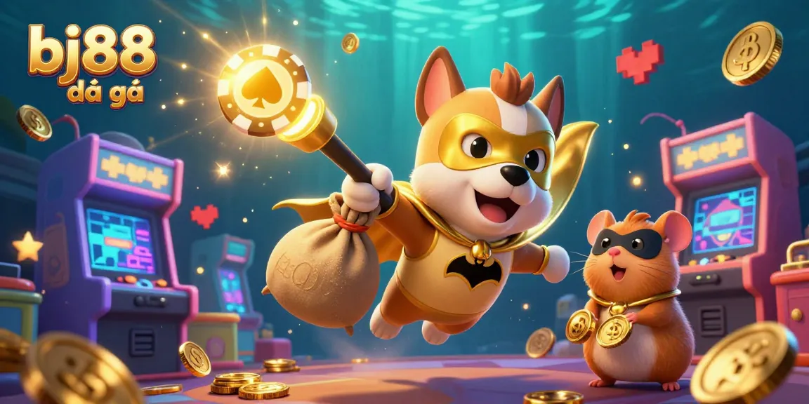Engage in thrilling action with bj88 đá gà, featuring a superhero dog flying through a vivid casino atmosphere.