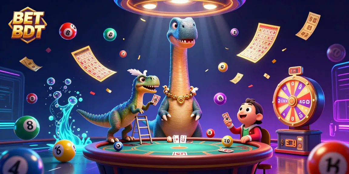 Engage in thrilling BET BDT events as a giant cartoon brontosaurus towers above a bustling casino.