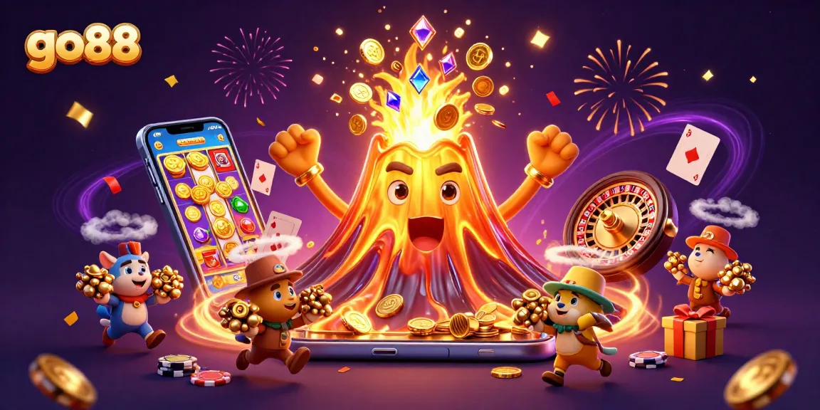 Go88 mang đến trải nghiệm game hấp dẫn thông qua hình ảnh sinh động của một ngọn núi lửa vàng.