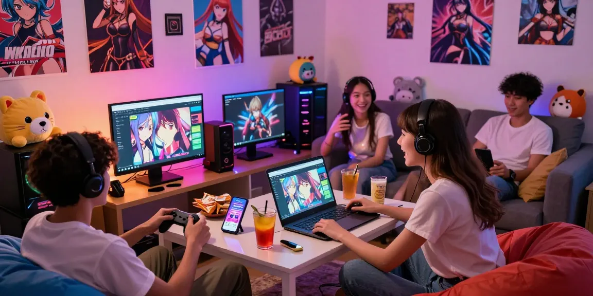 Friends immersed in ecchi games in a cozy gaming room, showcasing diverse gaming devices and engaging atmosphere.