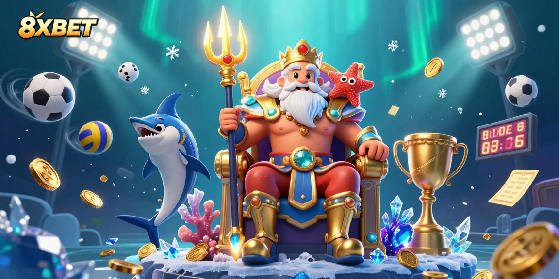 Engage with 8XBET as Neptune and his entourage celebrate dynamic sports betting action in a vibrant underwater scene.