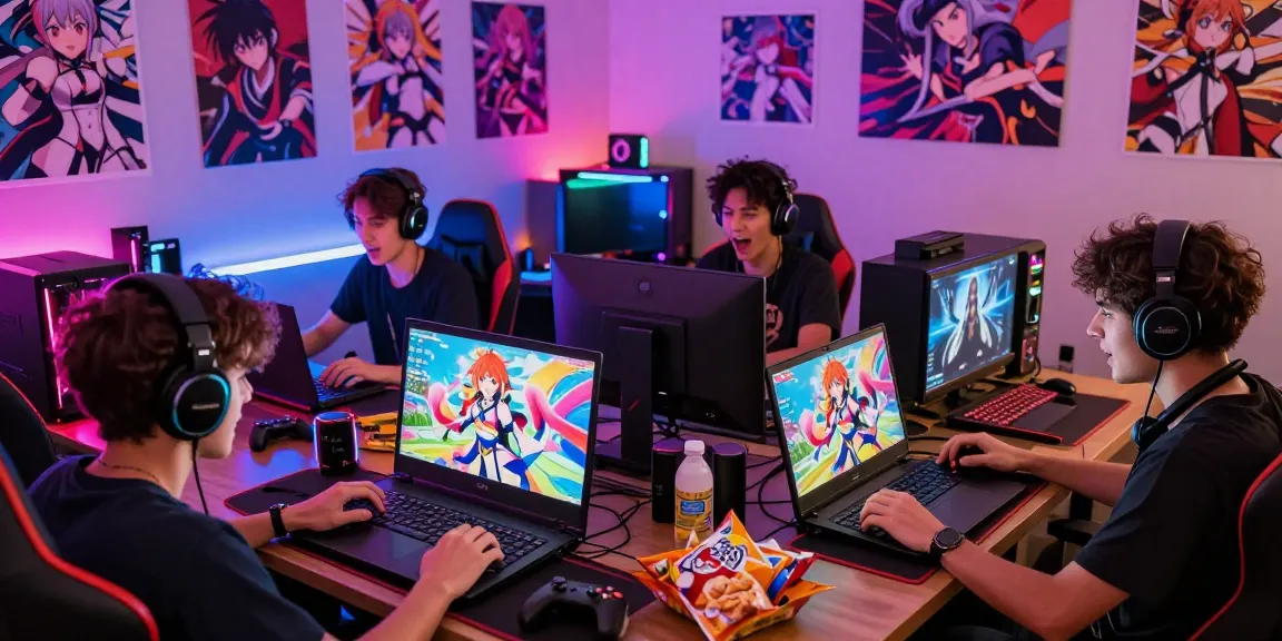 Gamers enjoying hentaigames in a vibrant online setting with colorful lighting.