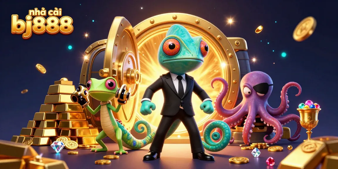 Engage with the vibrant world of nhà cái bj888, showcasing animated characters in a dynamic gambling scene filled with treasures.