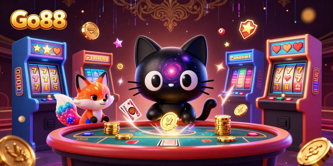 Experience the thrilling world of Go88 as the cosmic cat draws chips and cards in a vibrant casino.