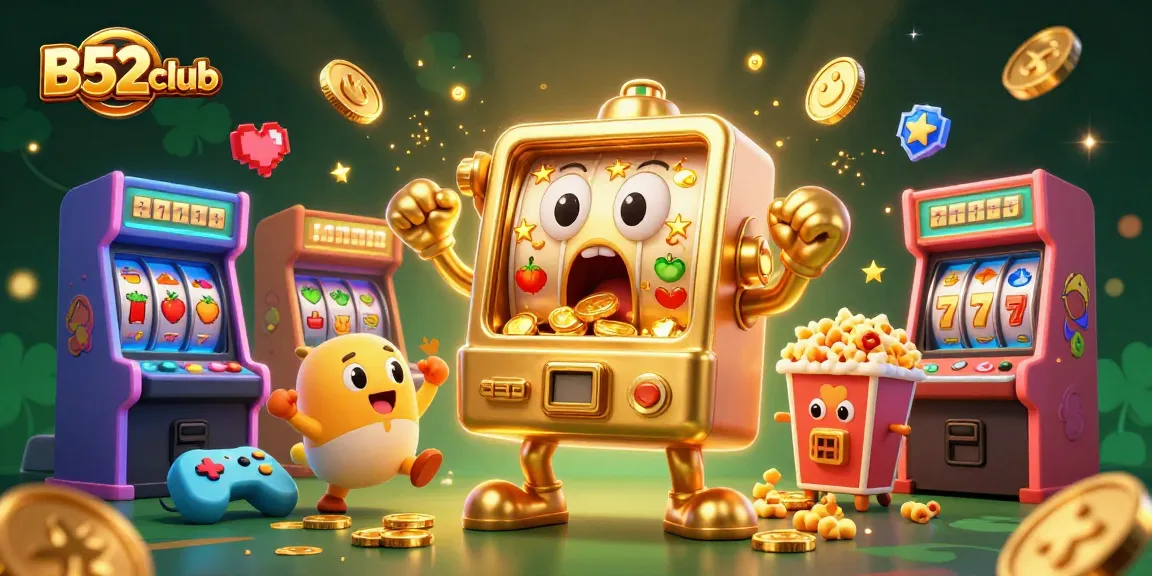 B52club celebrates wins with vibrant slot machine characters and golden coins in a lively casino scene.