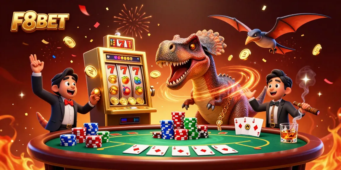 Experience F8BET's thrilling jackpot excitement with cartoon characters celebrating at a vibrant casino scene.
