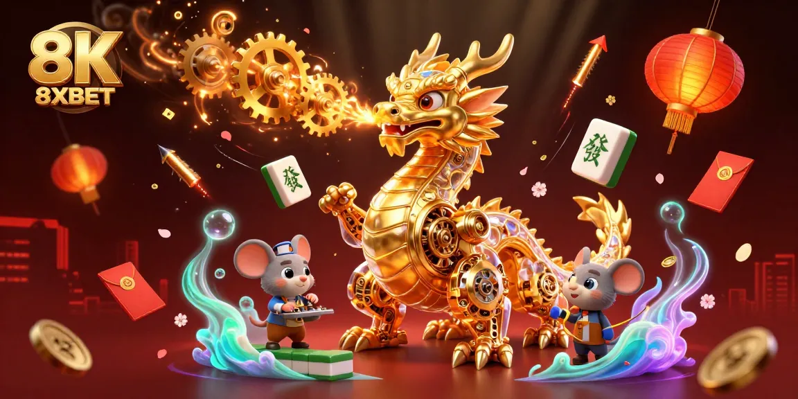 Experience the thrill of 8XBET with a stunning dragon-themed 3D casino illustration, showcasing vibrant gaming elements.