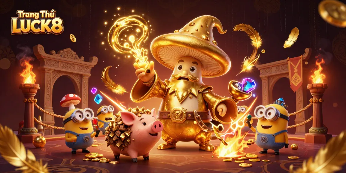 Experience the magic of Trang Chủ LUCK8 with a golden mushroom wizard and treasure-hunting pig.