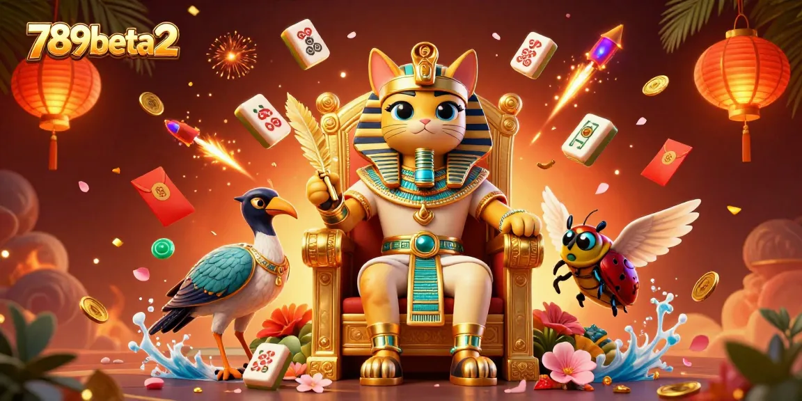 Engage in thrilling games at 789beta2 with a vibrant casino scene featuring a pharaoh cat and lucky symbols.