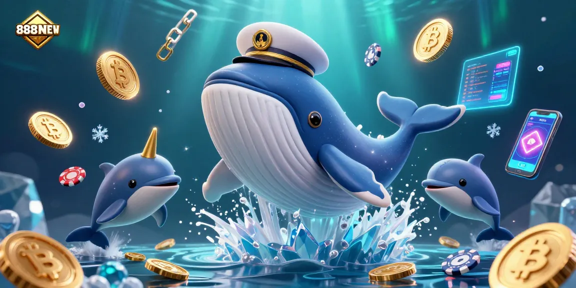 Engage with 888NEW's vibrant underwater scene showcasing a whale, narwhal, and dolphins amidst gold coins.