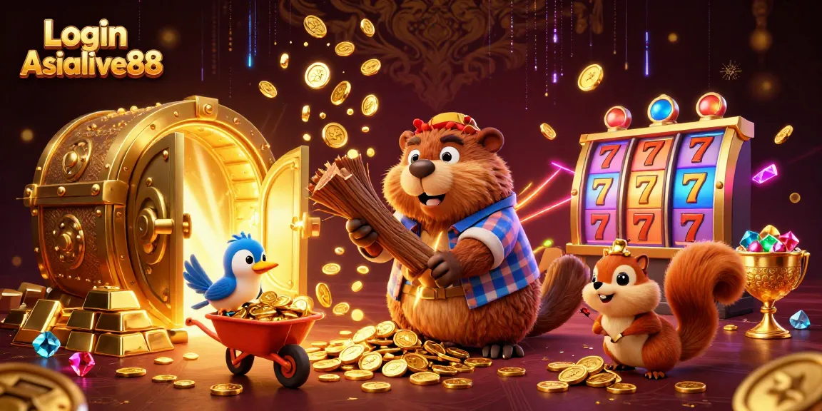 Engage in exhilarating gameplay with Login Asialive88 surrounded by coins, jackpots, and vibrant casino elements.
