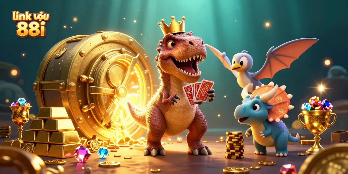 Engage at link vào 88i with a colorful 3D scene featuring playful dinosaurs immersed in a casino world.