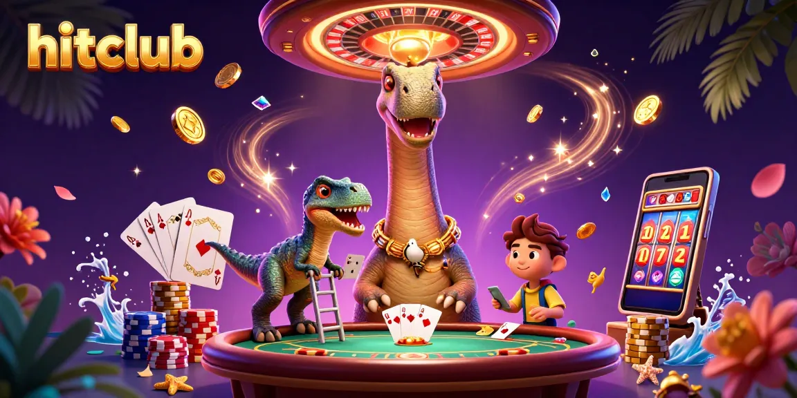 Hitclub players enjoy dynamic card games as golden coins and gems cascade around a vibrant casino scene.