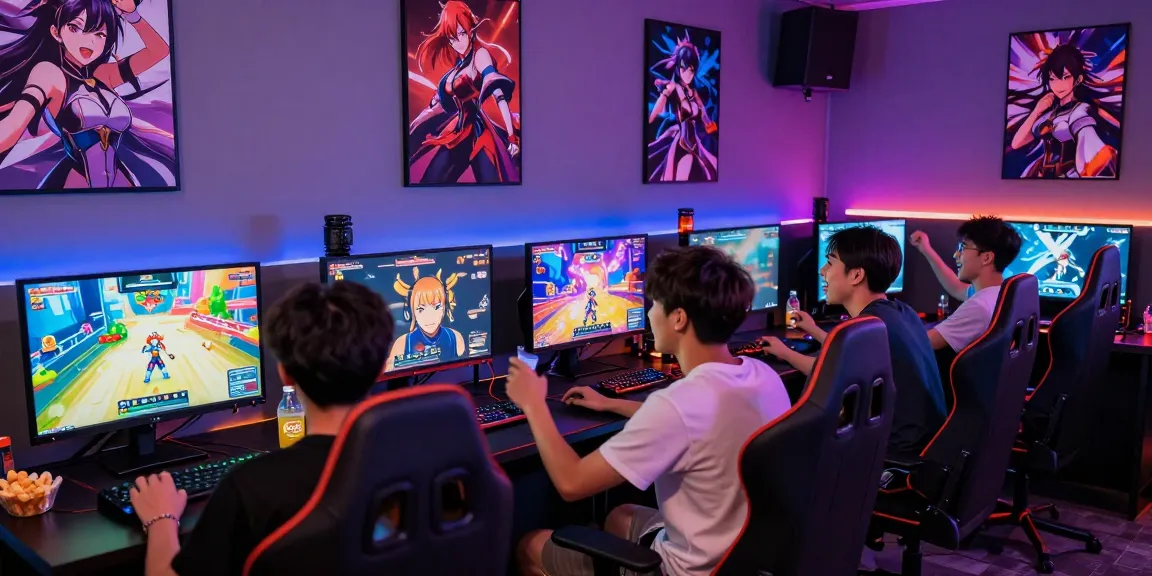 Friends enjoying engaging hentai game sessions in a vibrant gaming lounge atmosphere.