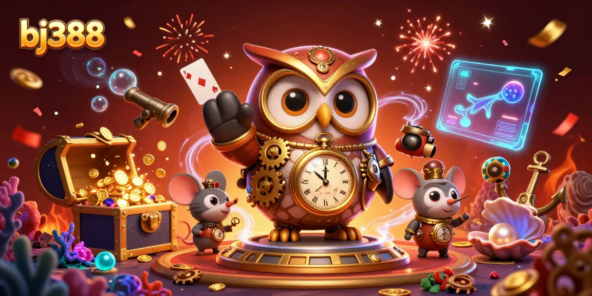 Engage with intense betting action at bj388, featuring a steampunk owl in a vibrant casino scene.