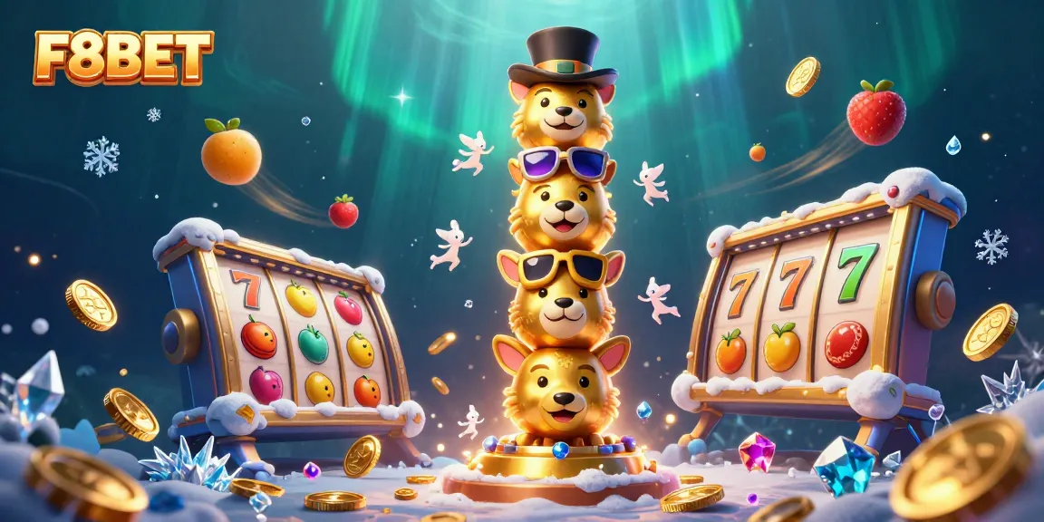 Experience the excitement of winning at F8BET with dynamic slot machines and vibrant game elements in a captivating scene.