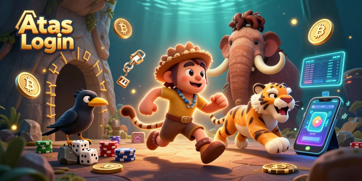 Atas Login with engaging caveman, sabertooth duo in a vibrant prehistoric casino setting.