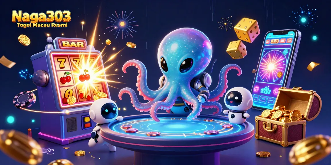 Naga303 Togel Macau Resmi showcases an alien octopus at a poker table, depicting an exciting online gambling experience.