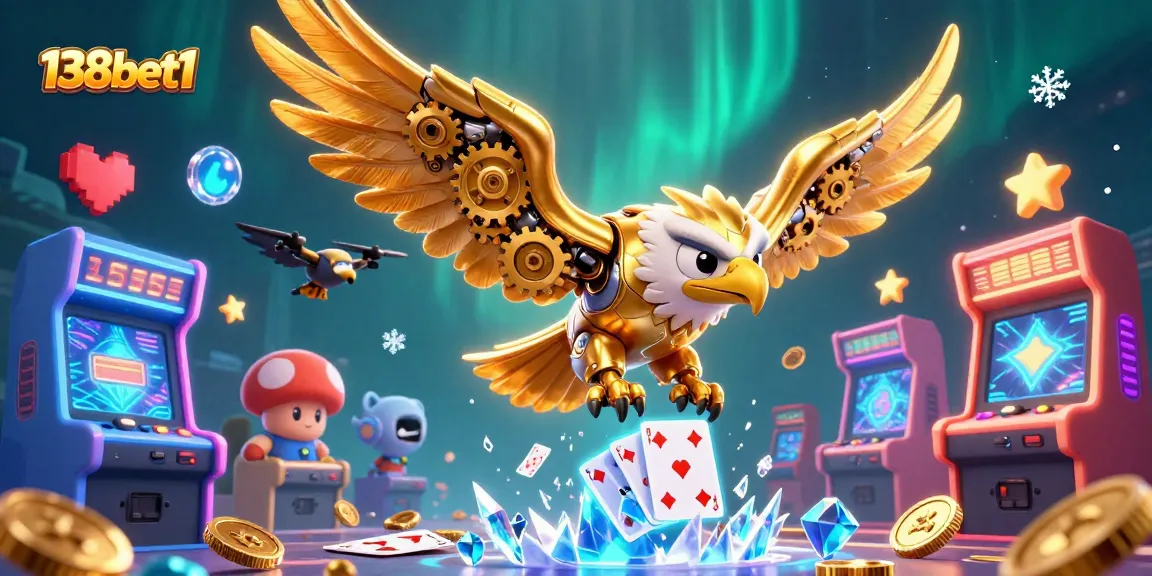 Engage in thrilling gameplay with 138bet1, featuring a cybernetic eagle amidst holographic cards and arcade machines.