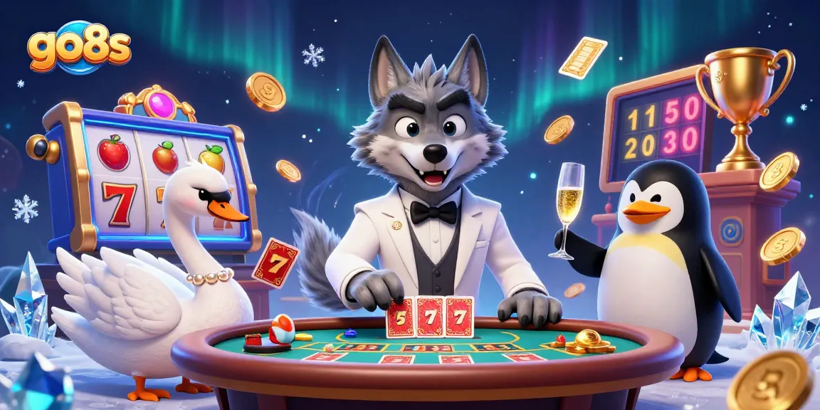 Experience thrilling gameplay at go8s with an enchanting wolf, swan, and penguin in a vibrant casino setting.