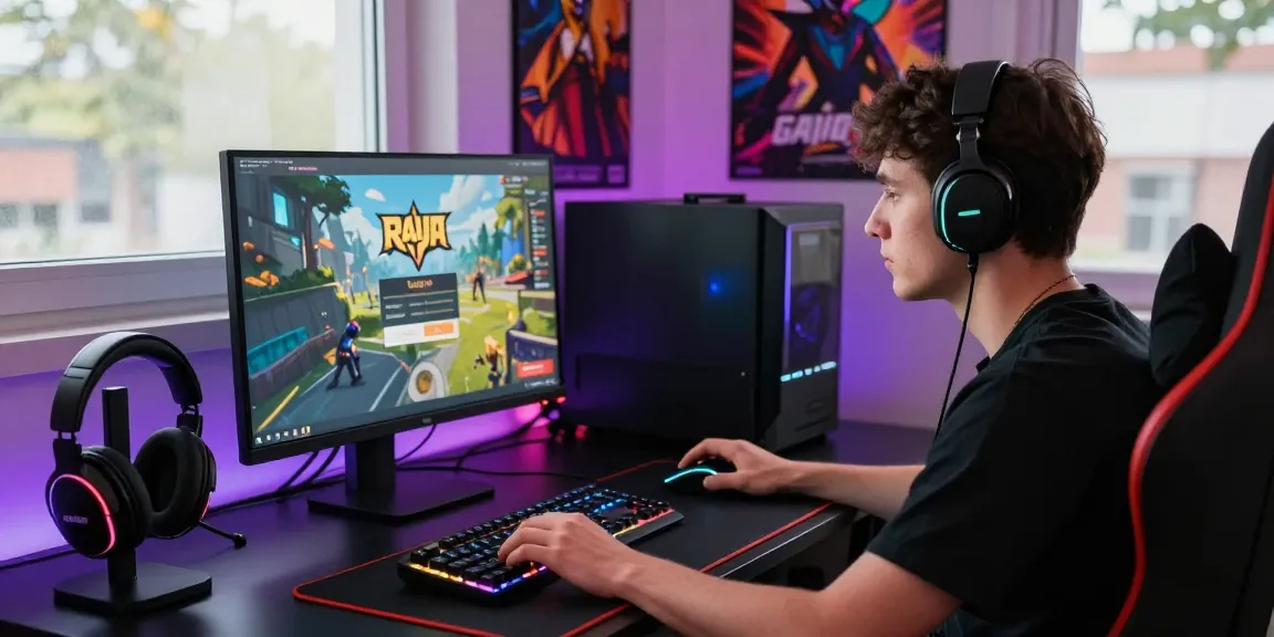 Raja Game login scene with a focused player at a vibrant gaming desk, showcasing gaming accessories and atmospheric LED lighting.