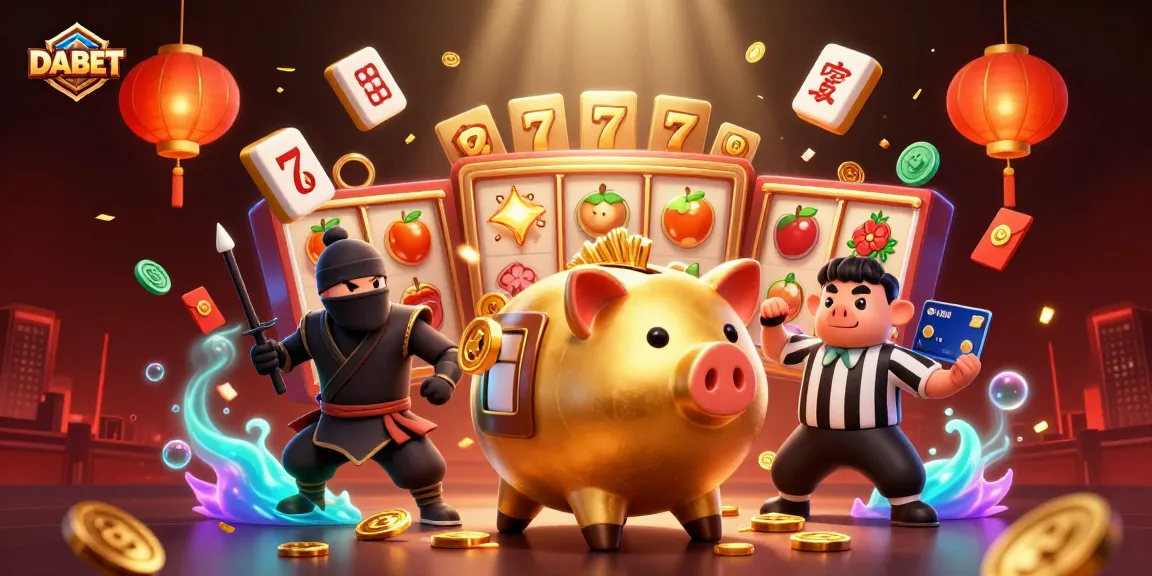 DABET casino features golden piggy bank sumo wrestler and wallet ninja battling amidst slot reels and festive decorations