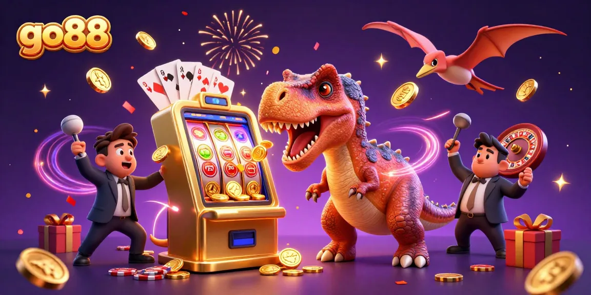 Experience the excitement at go88 as a pachycephalosaurus hits a jackpot at a golden slot machine, capturing vibrant casino motifs.