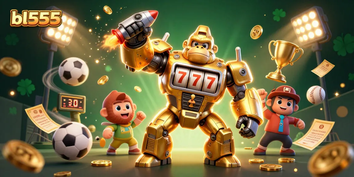 Experience the excitement of bl555 with dynamic 3D gaming elements surrounding a golden gorilla mech.