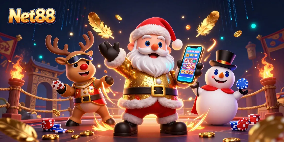 Experience the thrill of Net88 as Santa celebrates jackpots in a vibrant casino scene.