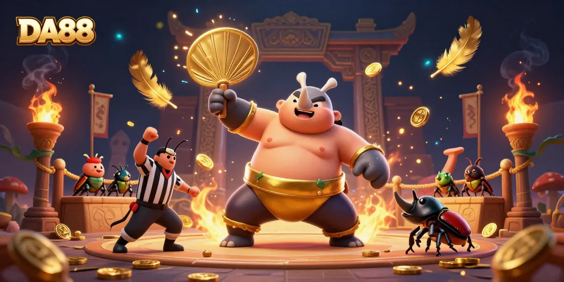 DA88 champions battle in a vibrant casino arena, coins flying in action-packed scene.
