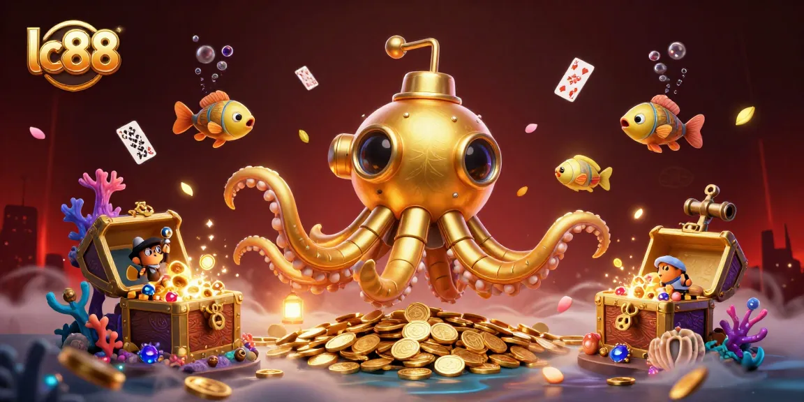 Experience thrilling gaming at lc88 with a vibrant underwater scene featuring a kraken submarine amidst gold coins and treasure.